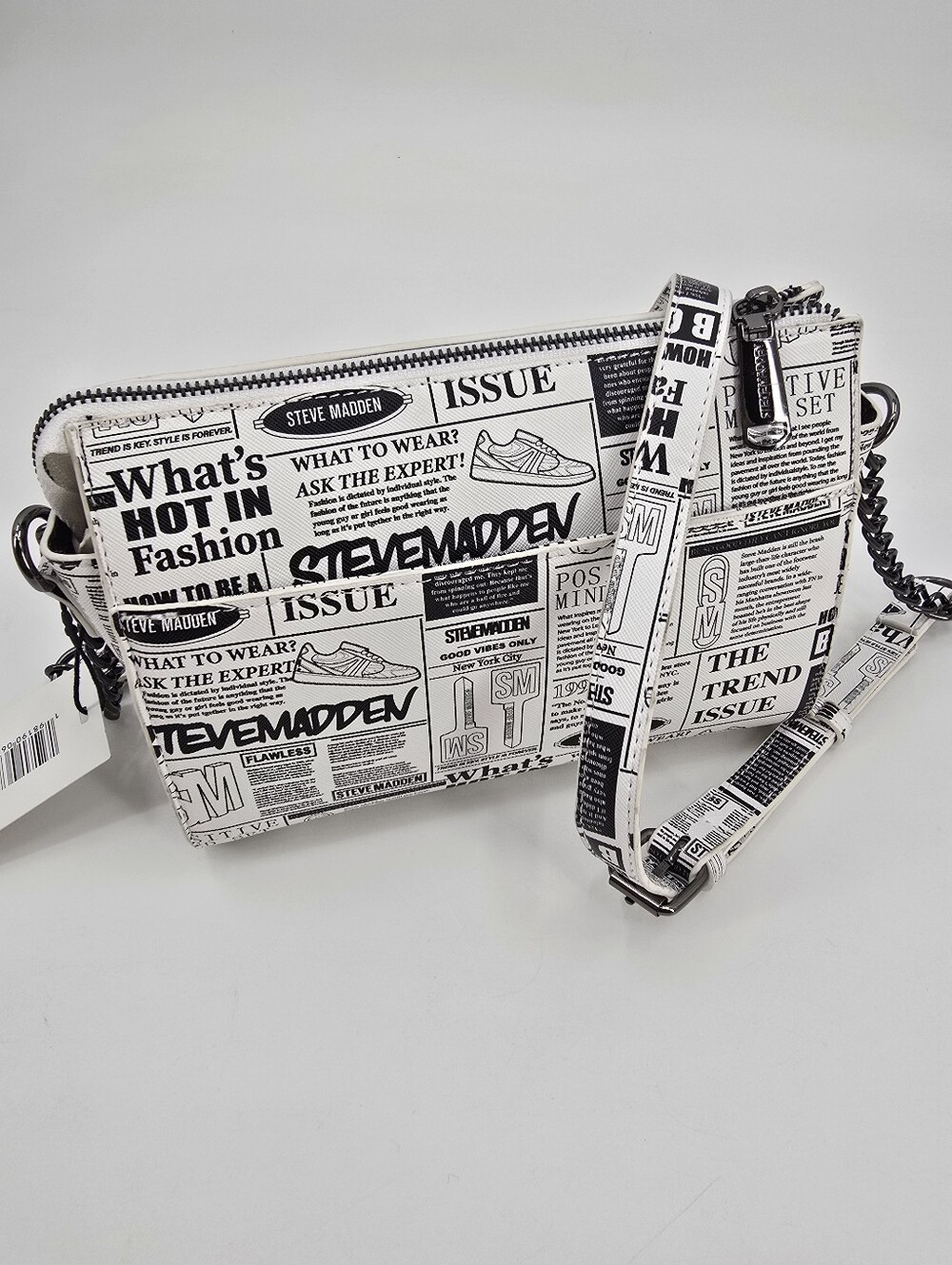 Steve Madden Newsprint BLEXI Top Zip Crossbody Bag Black And White NWT